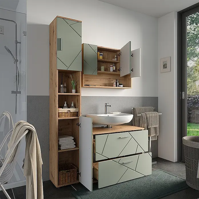 Vicco Badmöbel-Set Irma Salbeigrün 3 Teile - Salbeigrün, Glänzend - Modernes Badmöbel-Set: Holzoptik-Schränke, salbeigrünen geometrischen Fronten, Wandschrank mit Spiegel und Waschtisch.