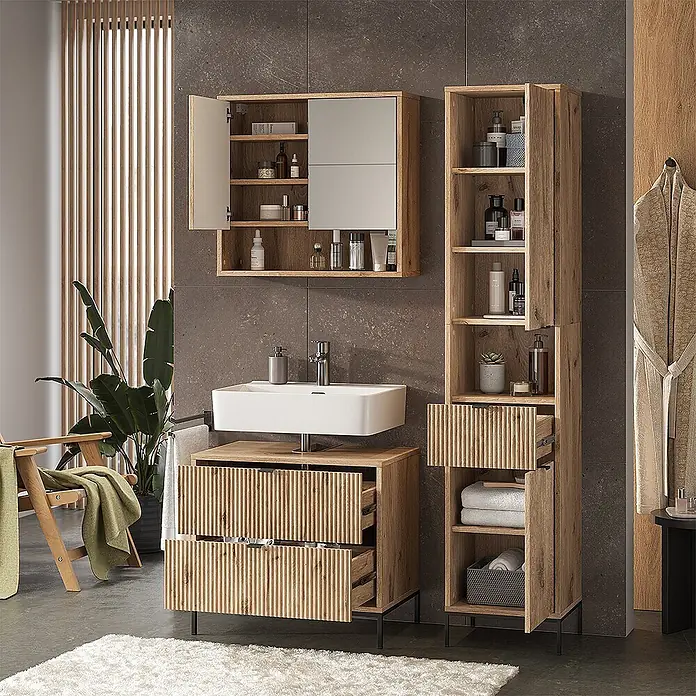 Vicco Badmöbel-Set Eliza Viking Oak 3 Teile - Viking Oak, Matt - Badmöbel-Set aus hellem Holz mit gerillten Fronten: Waschtisch mit Waschbecken, Spiegelschrank und Hochschrank.
