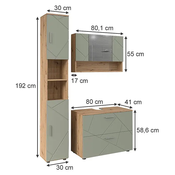 Vicco Badmöbel-Set Irma Salbeigrün 3 Teile - Salbeigrün, Glänzend - Modulares Stauraummöbel-Set: Hochschrank, Hängeschrank und Kommode in heller Holzoptik und Salbeigrün mit geometrischen Fronten.