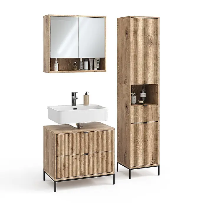 Vicco Badmöbel-Set Eliza Viking Oak 3 Teile - Viking Oak, Matt - Badmöbel-Set: geriffeltes helles Holz, Waschtischunterschrank mit Spüle, Spiegelschrank und hoher Lagerschrank mit schwarzen Akzenten.