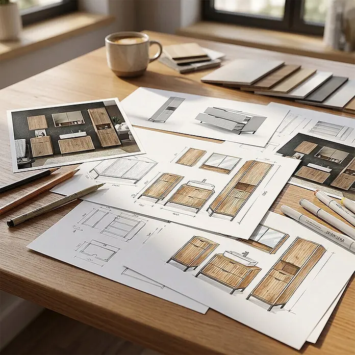Vicco Badmöbel-Set Eliza Weiß 3 Teile - Weiß, Matt - Designentwürfe und Renderings moderner Badmöbel aus Holz (Waschtische, Schränke, Spiegel) auf einem Schreibtisch mit Materialien und Werkzeugen.