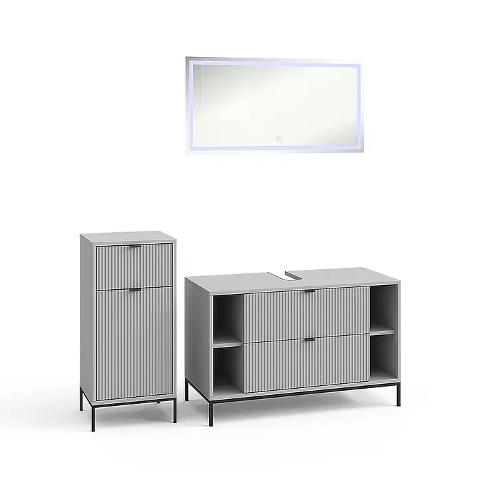 Vicco Badmöbel-Set Eliza Grau 3 Teile - Grau, Matt - Helles graues Badmöbel-Set mit geriffelten Fronten, schwarzen Beinen und beleuchtetem Spiegel.