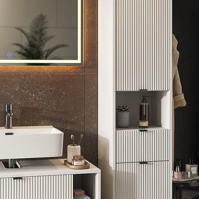 Vicco Badmöbel-Set Eliza Weiß 3 Teile - Weiß, Matt - Weißer geriffelter Waschtisch mit integriertem Becken und Hochschrank.