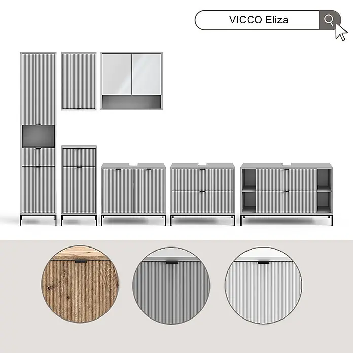 Vicco Badmöbel-Set Eliza Weiß 3 Teile - Weiß, Matt - VICCO Eliza Badezimmermöbel-Set in hellgrauem Rillen-Design, inklusive Schränke, Waschtischunterschränke und Spiegelschrank, mit Holz- und Weißoptionen.