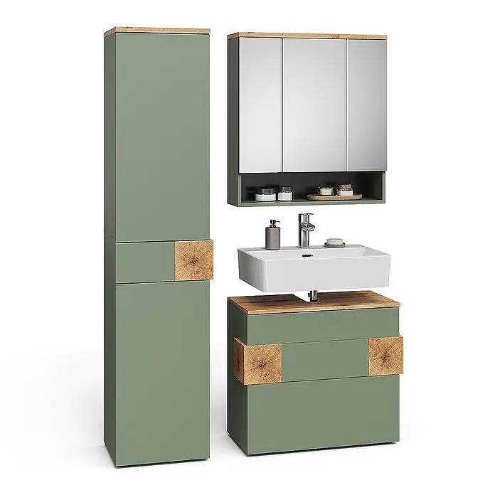Vicco Badmöbel-Set Eden Grün 3 Teile - Grün, Matt - Salbeigrünes Badmöbelset mit Holz-Akzenten, bestehend aus Hochschrank, Waschtischunterschrank mit Waschbecken und Spiegelschrank.