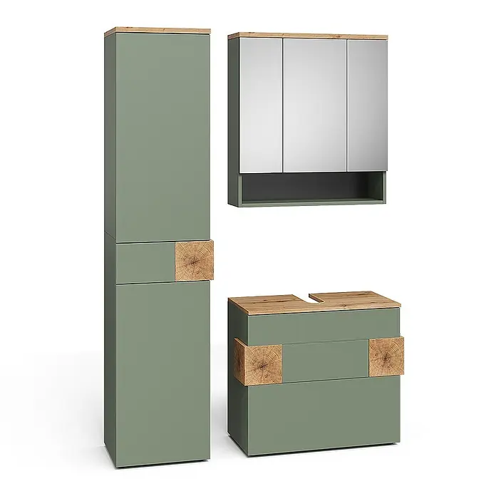 Vicco Badmöbel-Set Eden Grün 3 Teile - Grün, Matt - Badmöbel-Set in Salbeigrün mit hellen Holzplatten und natürlichen Holzscheibenakzenten, bestehend aus Hochschrank, Spiegelschrank und Waschtischunterschrank.