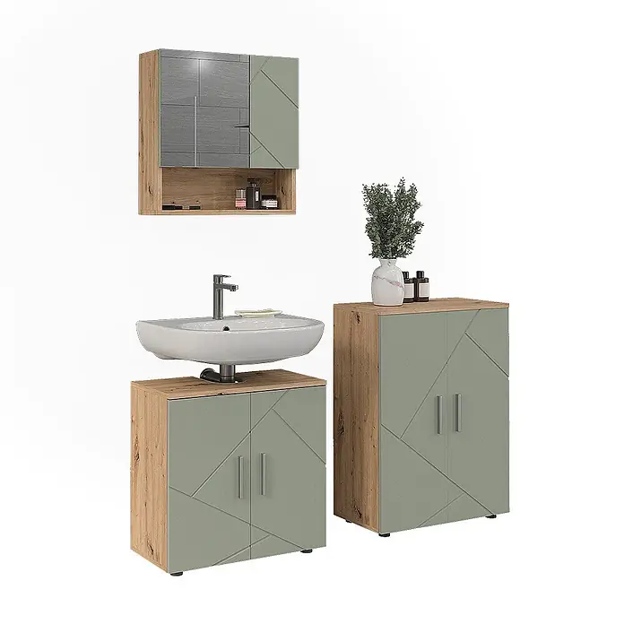 Vicco Badmöbel-Set Irma Salbeigrün 3 Teile - Salbeigrün, Glänzend - Badezimmermöbel-Set: Eichenholzoptik und salbeigrüne geometrische Paneele. Enthält Spiegelschrank, Waschbeckenunterschrank und Beistellschrank.
