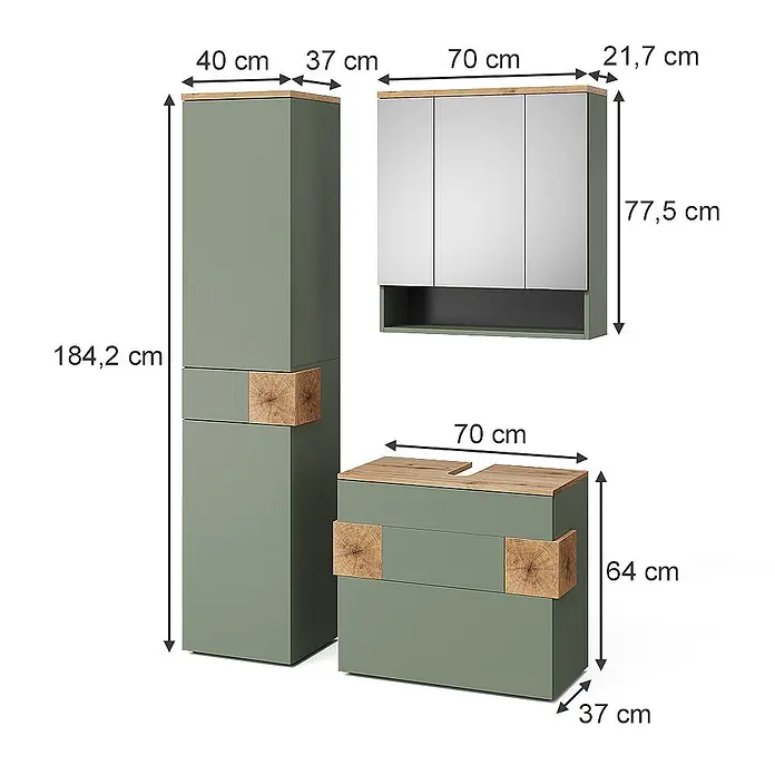 Vicco Badmöbel-Set Eden Grün 3 Teile - Grün, Matt - Salbeigrünes Badmöbel-Set mit Holz-Akzenten, bestehend aus Hochschrank, Spiegelschrank und Waschtischunterschrank.