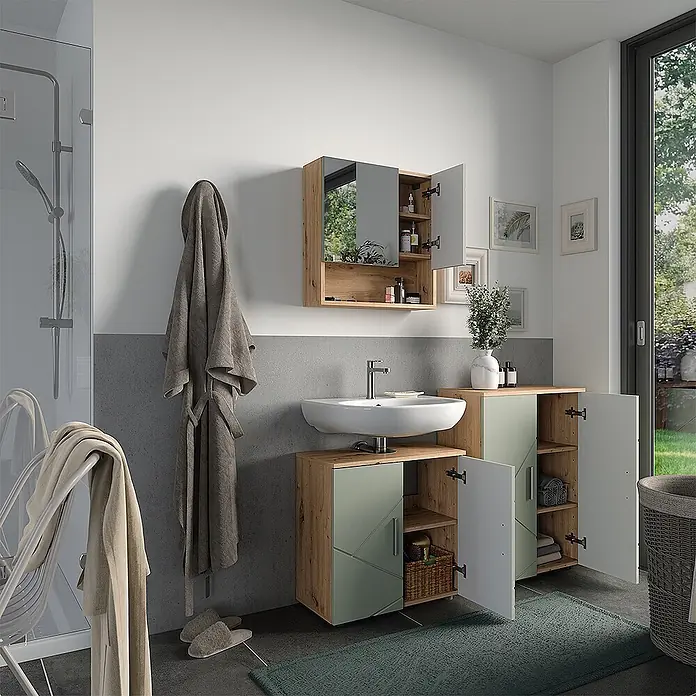 Vicco Badmöbel-Set Irma Salbeigrün 3 Teile - Salbeigrün, Glänzend - Modernes Badmöbelset in Holzoptik mit salbeigrünen Akzenten: Waschtischunterschrank, Spiegelschrank und Beistellschrank.