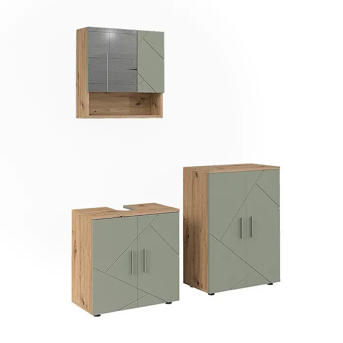 Vicco Badmöbel-Set Irma Salbeigrün 3 Teile - Salbeigrün, Glänzend - Modernes Badmöbelset: Holzoptikrahmen, salbeigrüne Türen mit geometrischem Muster. Enthält Wandschrank, Waschbeckenunterschrank und Hochschrank.