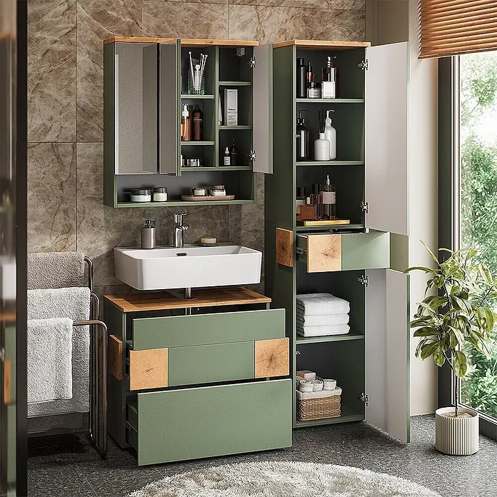 Vicco Badmöbel-Set Eden Grün 3 Teile - Grün, Matt - Salbeigrüner Badezimmerschrank und Hochschrank mit Naturholz-Akzenten.