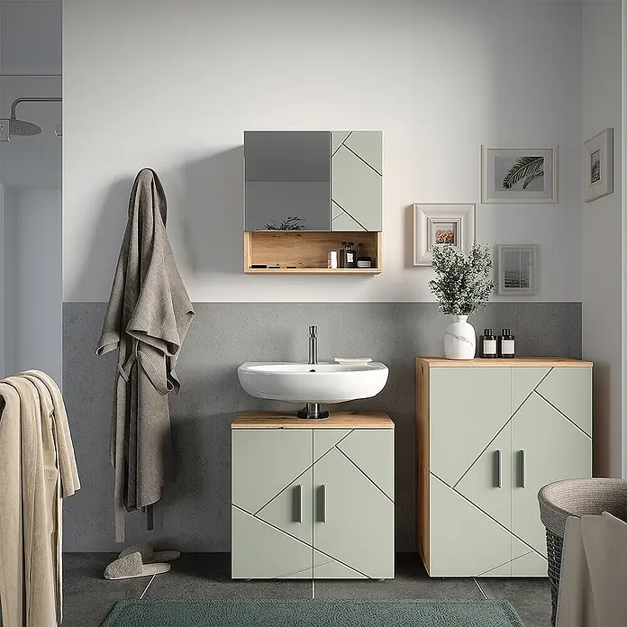 Vicco Badmöbel-Set Irma Salbeigrün 3 Teile - Salbeigrün, Glänzend - Hellgrüne Badmöbel mit geometrisch gemusterten Türen und Holz-Akzenten, inklusive Waschtisch, Hochschrank und Spiegelschrank.