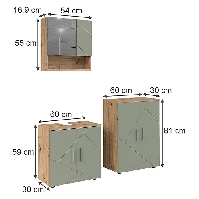 Vicco Badmöbel-Set Irma Salbeigrün 3 Teile - Salbeigrün, Glänzend - Drei Badezimmerschränke in hellem Holz und Salbeigrün mit geometrischen Mustern: ein Hängeschrank, ein Waschbeckenunterschrank und ein Hochschrank.