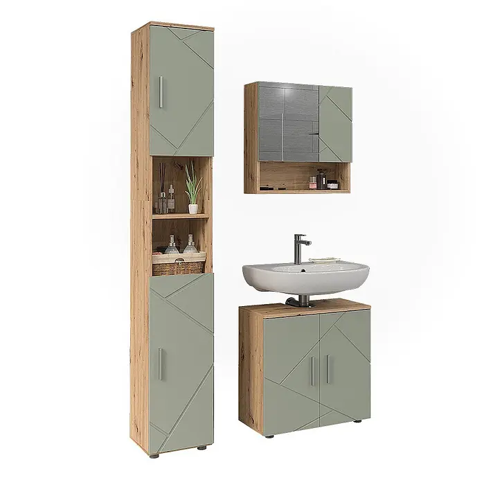 Vicco Badmöbel-Set Irma Salbeigrün 3 Teile - Salbeigrün, Glänzend - Badezimmermöbel-Set in Salbeigrün und Holzoptik, bestehend aus Hochschrank, Spiegelschrank und Waschtischunterschrank mit geometrischen Fronten.