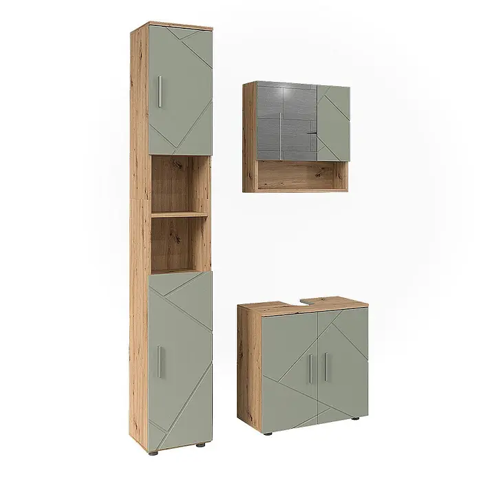 Vicco Badmöbel-Set Irma Salbeigrün 3 Teile - Salbeigrün, Glänzend - Badezimmermöbel-Set mit Holzoptikrahmen und salbeigrünen Fronten mit geometrischem Muster, bestehend aus Hochschrank, Wandschrank und Waschtischunterschrank.