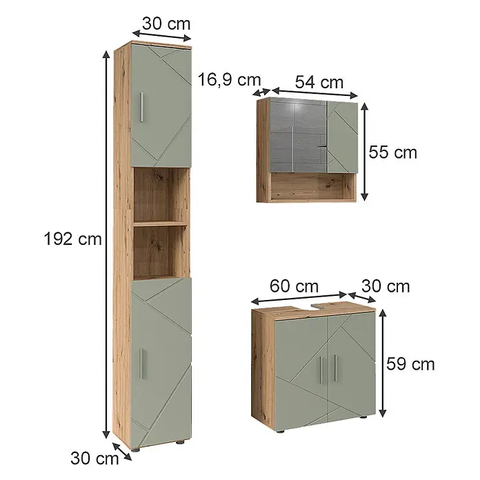 Vicco Badmöbel-Set Irma Salbeigrün 3 Teile - Salbeigrün, Glänzend - Set aus drei Badmöbeln: Hochschrank, Wandschrank und Waschtischunterschrank, in heller Holzoptik mit salbeigrünen geometrischen Türen.
