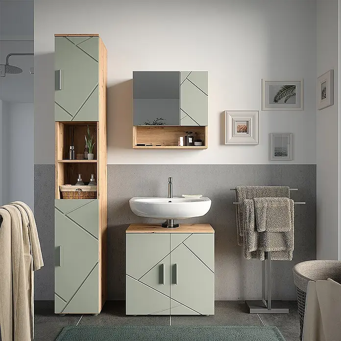 Vicco Badmöbel-Set Irma Salbeigrün 3 Teile - Salbeigrün, Glänzend - Modernes Badezimmermöbel-Set in Hellgrün & Eiche mit geometrischen Mustern: Hochschrank, Waschtisch & Spiegelschrank für stilvollen Stauraum.