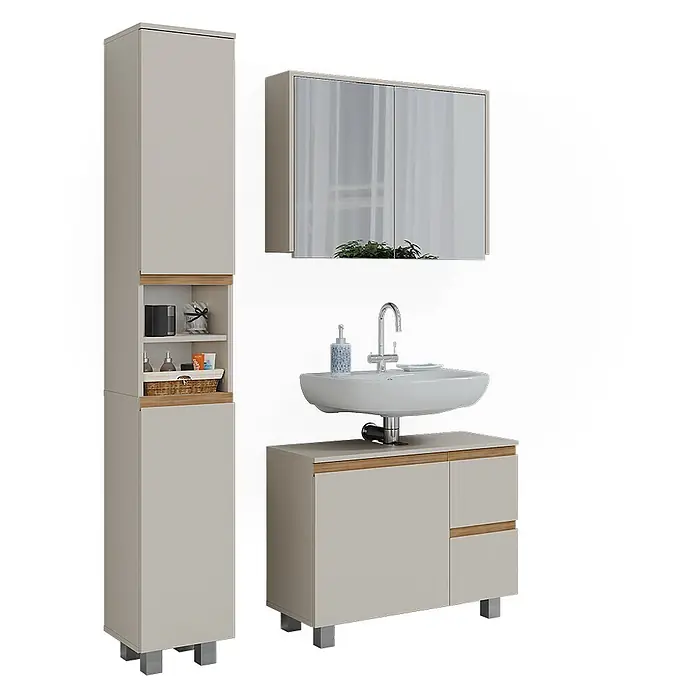 Vicco Badmöbel-Set J-Shape Cashmere/Artisan 3 Teile - Cashmere, Matt - Hellbeiges Badezimmermöbel-Set mit Holzdetails, bestehend aus Hochschrank, Spiegelschrank und Waschtisch mit Keramikbecken.