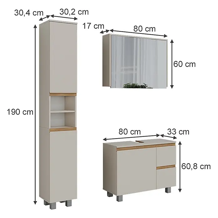 Vicco Badmöbel-Set J-Shape Cashmere/Artisan 3 Teile - Cashmere, Matt - Dreiteiliges hellgraues Badmöbelset mit Holzdetails: Hochschrank, Spiegelschrank und Waschtischunterschrank.
