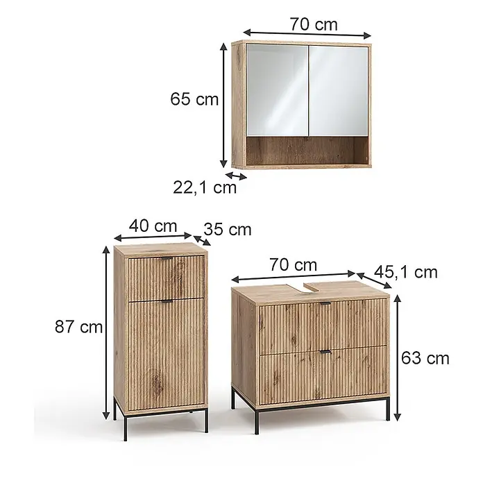 Vicco Badmöbel-Set Eliza Viking Oak 3 Teile - Viking Oak, Matt - Helle Badezimmermöbel in Holzoptik mit geriffelten Fronten: Spiegelschrank, Hochschrank und Waschtischunterschrank.