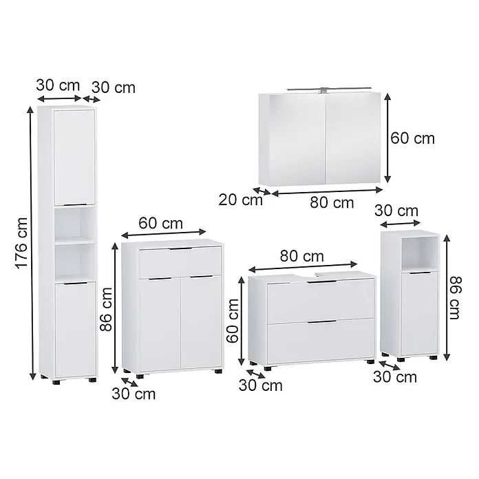 Vicco Badmöbel-Set Alina Weiß 5 Teile - Weiß, Sonstiges - Weißes Badmöbelset (Hochschrank, Unterschränke, Wandschrank) mit Maßangaben.