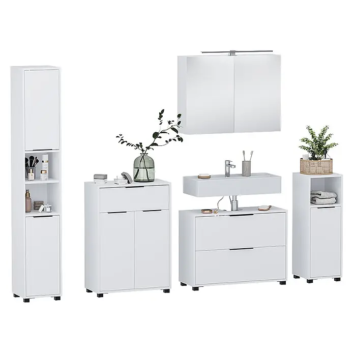 Vicco Badmöbel-Set Alina Weiß 5 Teile - Weiß, Sonstiges - Weißes Badmöbelset aus Holz mit Hochschrank, Waschtisch mit Waschbecken, Spiegelschrank und Stauraumschränken.