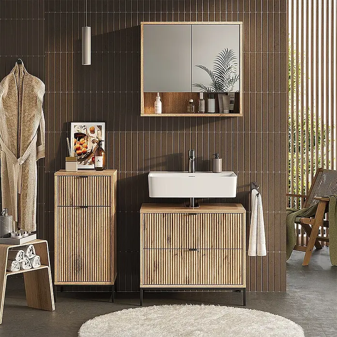 Vicco Badmöbel-Set Eliza Viking Oak 3 Teile - Viking Oak, Matt - Geriffelte Badmöbel aus hellem Holz: Waschtisch mit Waschbecken, Hochschrank und Spiegelschrank.