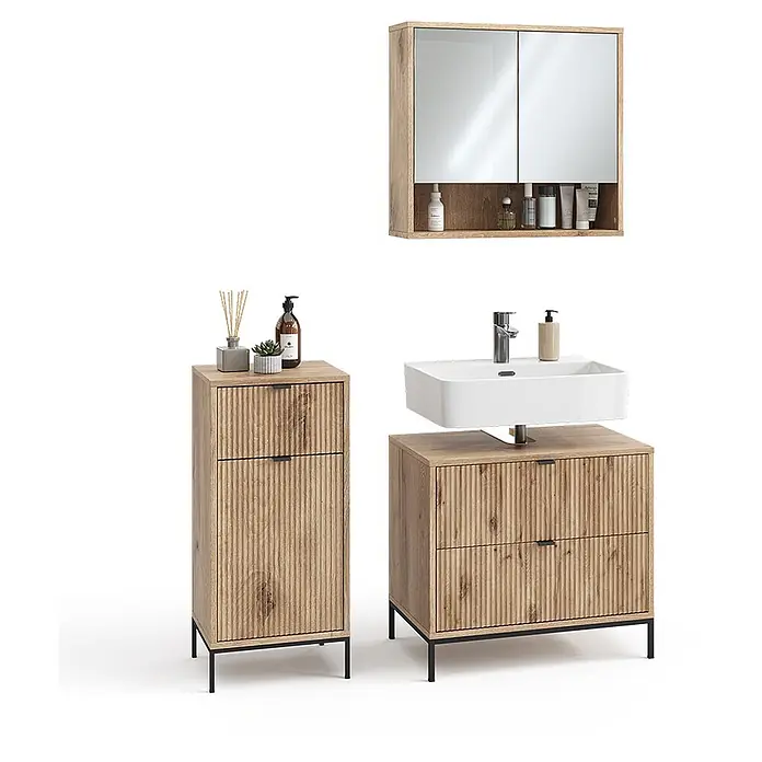 Vicco Badmöbel-Set Eliza Viking Oak 3 Teile - Viking Oak, Matt - Badmöbelset aus hellem Holz mit geriffelter Textur und schwarzen Akzenten: Spiegelschrank, Hochschrank und Waschtisch mit Waschbecken.