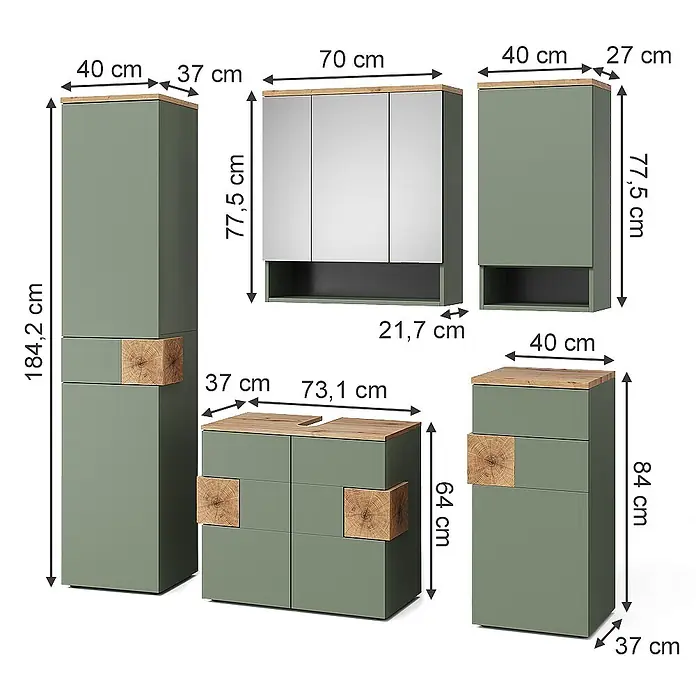 Vicco Badmöbel-Set Eden Grün 5 Teile - Grün, Matt - Salbeigrünes Badmöbelset mit Holzplatten und Akzenten, darunter diverse Schränke und ein Spiegelschrank.