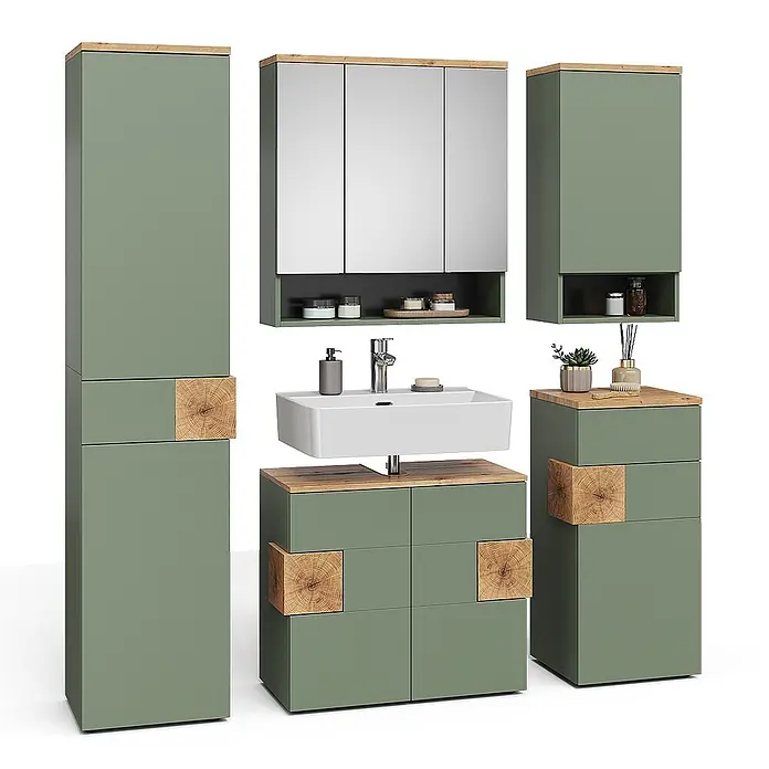 Vicco Badmöbel-Set Eden Grün 5 Teile - Grün, Matt - Salbeigrünes Badmöbel-Set mit Naturholz-Akzenten, bestehend aus Schränken, Waschtisch und Spiegelschrank.