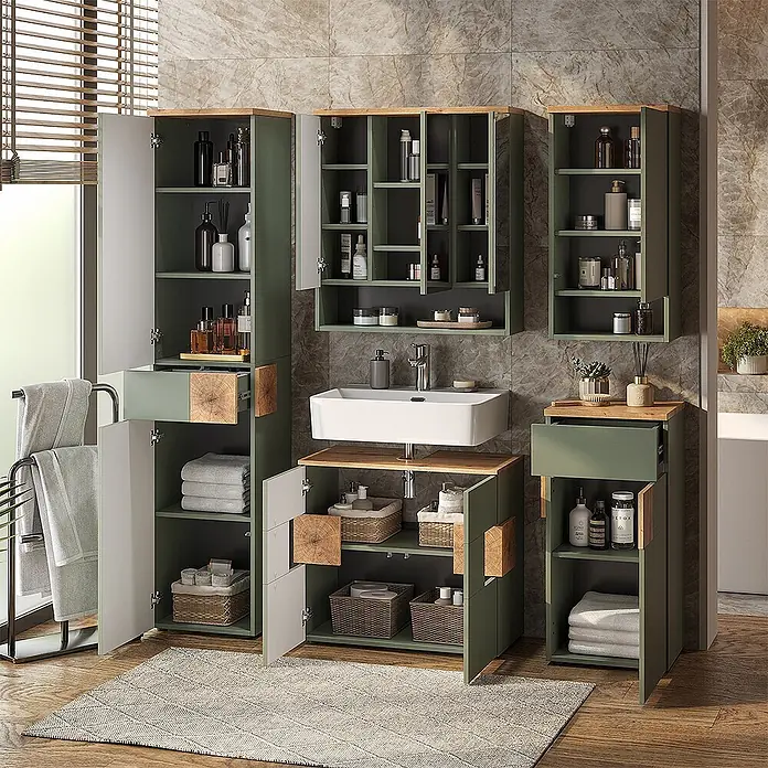 Vicco Badmöbel-Set Eden Grün 5 Teile - Grün, Matt - Modernes salbeigrünes Badmöbel-Set mit Holzdetails und weißem Waschbecken, inklusive diverser Stauraum- und Regaleinheiten.