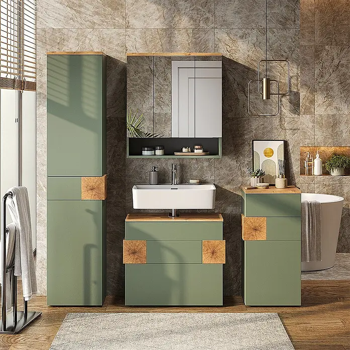 Vicco Badmöbel-Set Eden Grün 5 Teile - Grün, Matt - Salbeigrünes Badmöbel-Set mit Naturholz-Akzenten, bestehend aus Hochschrank, Waschtisch, Spiegelschrank und Unterschrank, im Badezimmer.