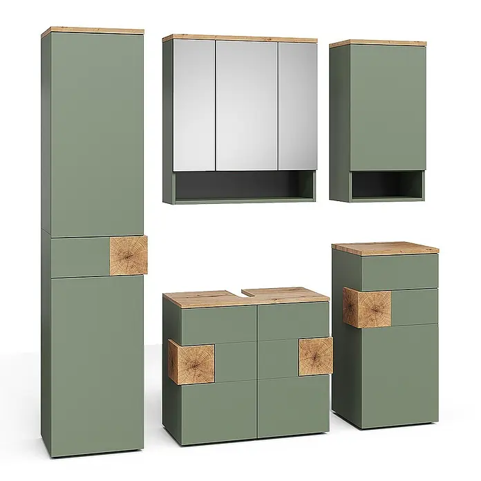 Vicco Badmöbel-Set Eden Grün 5 Teile - Grün, Matt - Salbeigrünes Badmöbel-Set mit Echtholzplatten und dekorativen Holzblöcken, inkl. Hochschrank, Spiegelschrank und Waschtischunterschrank.