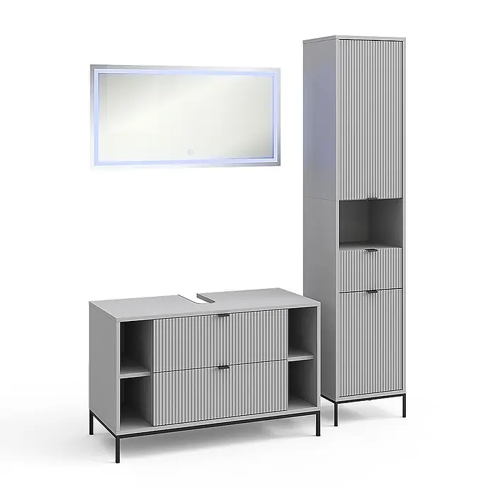Vicco Badmöbel-Set Eliza Grau 3 Teile - Grau, Matt - Helles graues Badezimmer-Set mit geriffelter Textur: Waschtischunterschrank, Hochschrank und beleuchteter Spiegel.