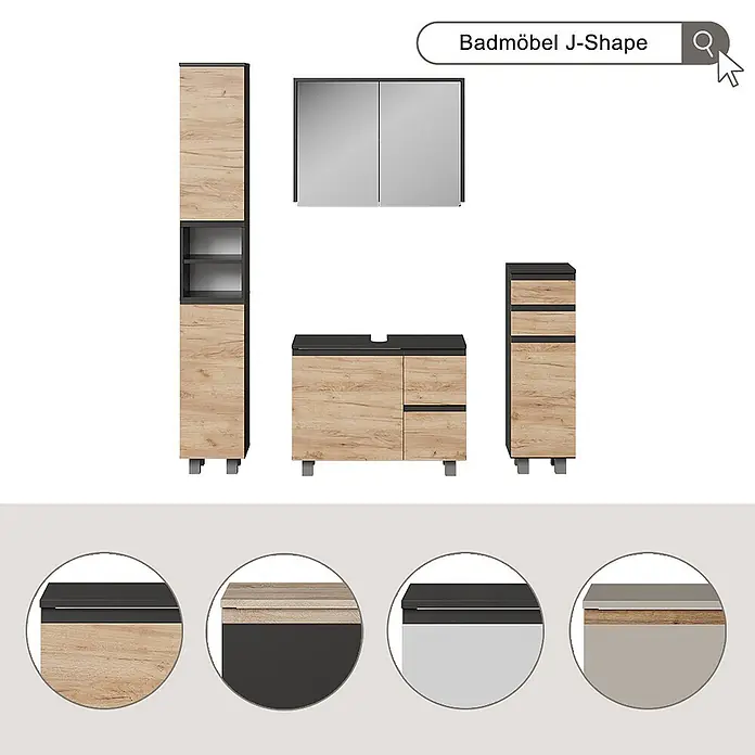 Vicco Badmöbel-Set J-Shape Cashmere/Artisan 3 Teile - Cashmere, Matt - Ein modernes Badmöbel-Set in heller Holzoptik und Dunkelgrau, bestehend aus Waschtischunterschrank, Hochschrank, Spiegelschrank und Beistellschrank.