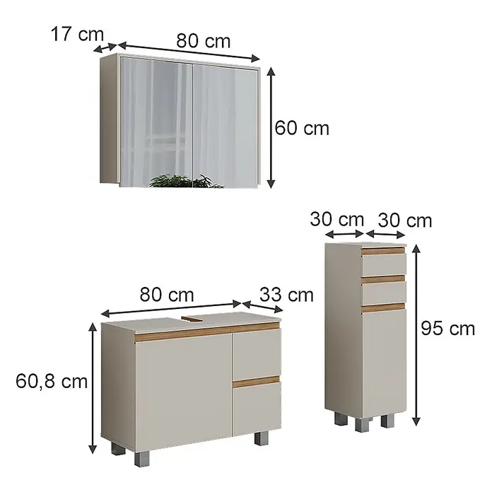 Vicco Badmöbel-Set J-Shape Cashmere/Artisan 3 Teile - Cashmere, Matt - Modernes Badezimmermöbel-Set in Hellbeige/Grau mit Holz-Akzenten: Wandschrank, Waschtischunterschrank und Hochschrank.