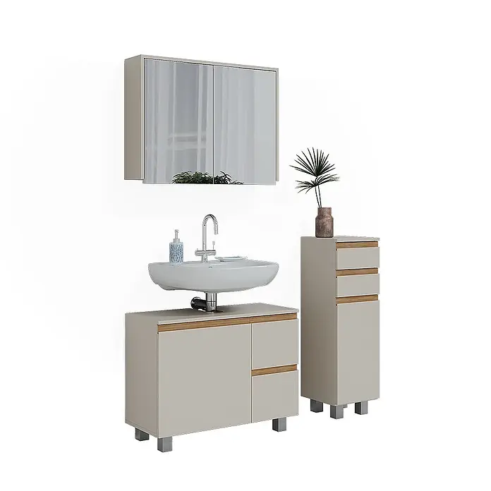 Vicco Badmöbel-Set J-Shape Cashmere/Artisan 3 Teile - Cashmere, Matt - Modernes Badmöbel-Set: ein hellbeiger Spiegelschrank, ein Waschbeckenunterschrank mit Holzapplikationen und ein passender Hochschrank.