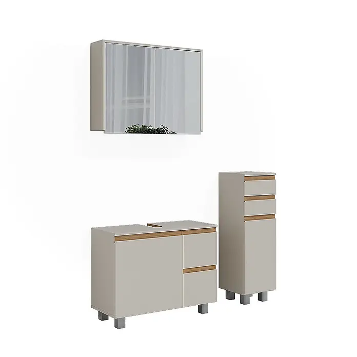Vicco Badmöbel-Set J-Shape Cashmere/Artisan 3 Teile - Cashmere, Matt - Helles graues Badmöbel-Set mit Holzdetails: Spiegelschrank, Waschtischunterschrank und hoher Stauraumschrank mit Metallfüßen.