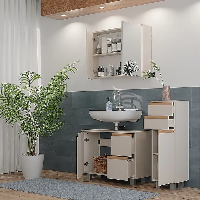 Vicco Badmöbel-Set J-Shape Cashmere/Artisan 3 Teile - Cashmere, Matt - Modernes beiges Badezimmermöbel-Set mit Holzdetails, Waschbecken, Wandschrank und Hochschrank in einem Badezimmer.