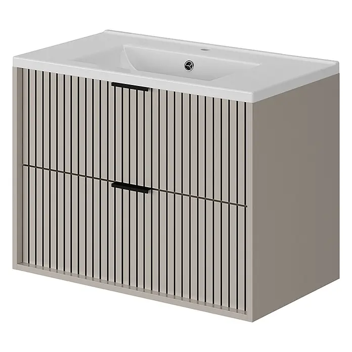 Vicco Badmöbel-Set Ruford Cashmere mit Waschbecken - Cashmere, Matt - Helles beiges Badmöbel mit zwei Schubladen, vertikalen schwarzen Streifen, schwarzen Griffen und integriertem Keramikwaschbecken.