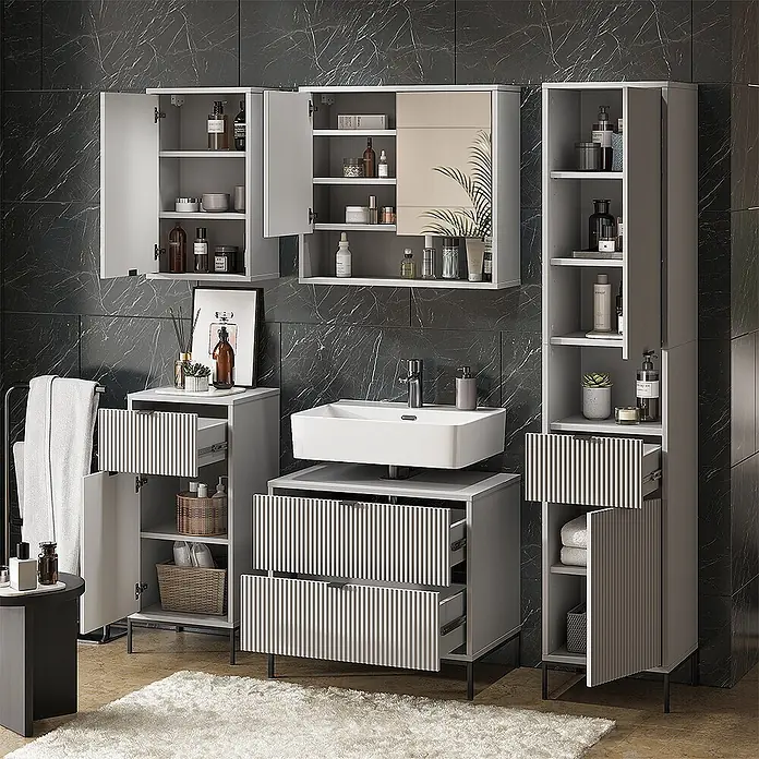 Vicco Badmöbel-Set Eliza Grau 5 Teile - Grau, Matt - Modernes graues Badezimmermöbel-Set mit weißem Waschbecken, gerillten Türen/Schubladen und viel Stauraum, in einem modernen Bad.