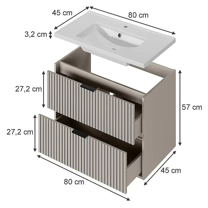 Vicco Badmöbel-Set Ruford Cashmere mit Waschbecken - Cashmere, Matt - Taupe Waschtischunterschrank mit weißem Keramikwaschbecken und zwei Schubladen mit Rillenfronten.