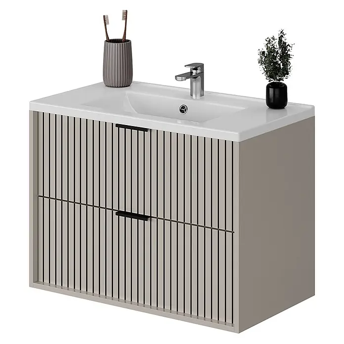 Vicco Badmöbel-Set Ruford Cashmere mit Waschbecken - Cashmere, Matt - Helles beiges Badmöbel mit zwei lamellenförmigen Schubladen, weißem Keramikwaschbecken und Chromarmatur.