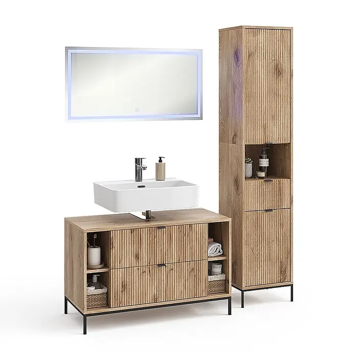 Vicco Badmöbel-Set Eliza Viking Oak 3 Teile - Viking Oak, Matt - Helles Holz Badezimmermöbel-Set mit Rillenstruktur, weißem Waschbecken, beleuchtetem Spiegel und hohem Hochschrank.