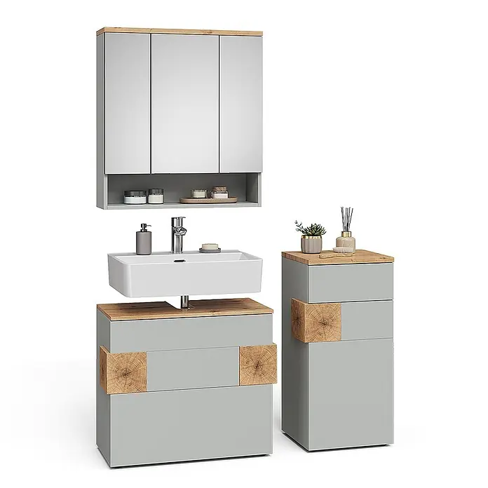 Vicco Badmöbel-Set Eden Grau 3 Teile - Grau, Matt - Graues Badmöbel-Set mit Holz-Akzenten, Spiegelschrank, Waschtisch mit Waschbecken und Hochschrank.