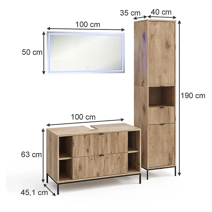 Vicco Badmöbel-Set Eliza Viking Oak 3 Teile - Viking Oak, Matt - Badezimmermöbel-Set aus hellem Holz mit Waschtisch, Hochschrank und beleuchtetem Spiegel.