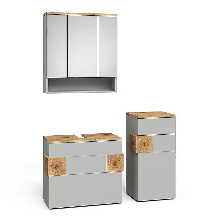 Vicco Badmöbel-Set Eden Grau 3 Teile - Grau, Matt - Hellgraues Badmöbelset mit Holzplatten und Akzenten: Spiegelschrank, Waschtischunterschrank und Hochschrank.