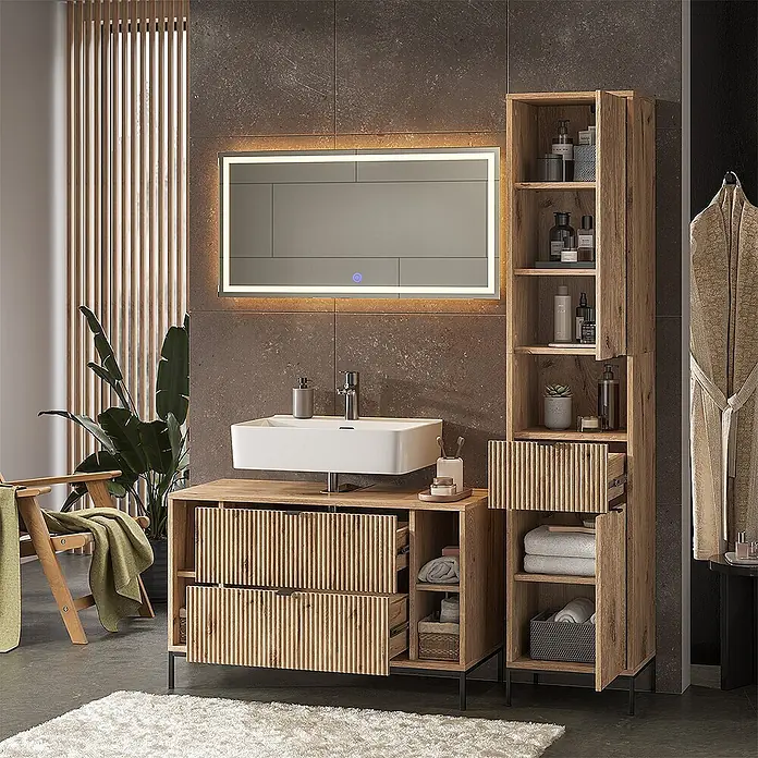 Vicco Badmöbel-Set Eliza Viking Oak 3 Teile - Viking Oak, Matt - Modernes Badmöbel-Set aus Naturholz mit Waschbecken, geriffelten Schubladen und hohem Stauraumschrank auf schwarzen Metallbeinen.