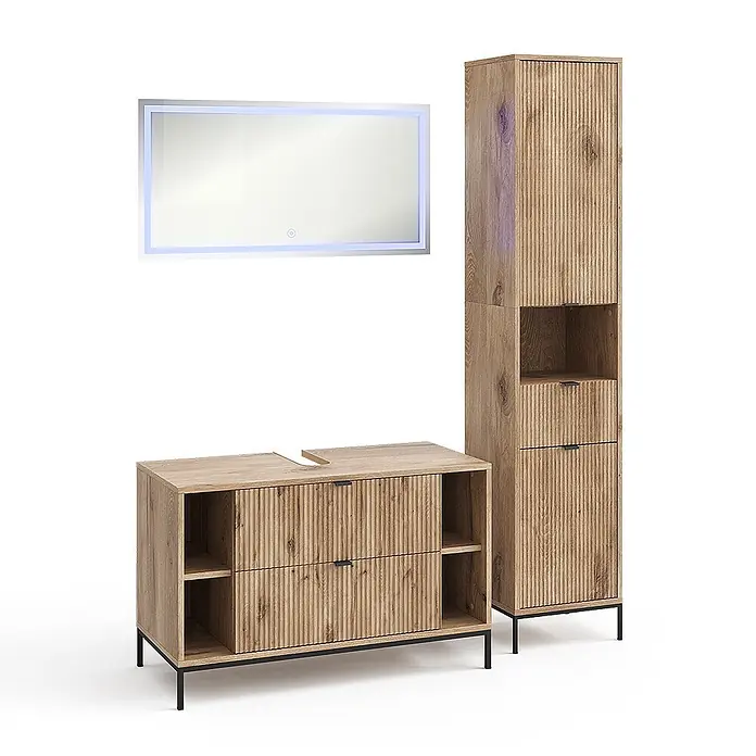 Vicco Badmöbel-Set Eliza Viking Oak 3 Teile - Viking Oak, Matt - Modernes Badmöbelset aus hellem Holz mit geriffelten Details, Waschtisch, Hochschrank und LED-Spiegel auf schwarzen Beinen.