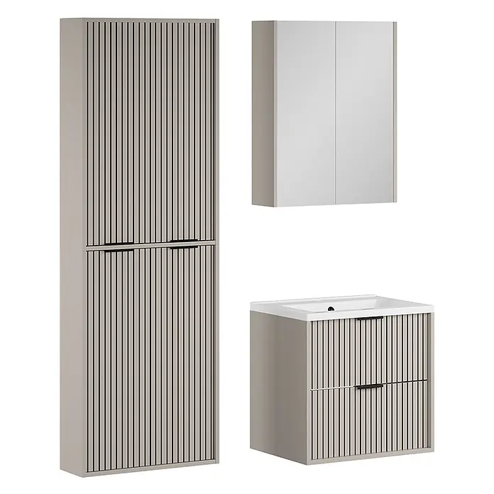 Vicco Badmöbel-Set Ruford Cashmere 4 Teile - Cashmere, Matt - Set heller beigefarbener Badmöbel mit Lamellenfronten und dunklen Griffen, bestehend aus Hochschrank, Wandschrank und Waschtischunterschrank mit Waschbecken.